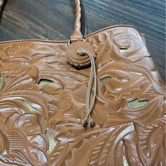 Adeline Cognac Tan Brown Gold Tooled Cutout Leather Satchel shoulder tote bag - Picture 2 of 16